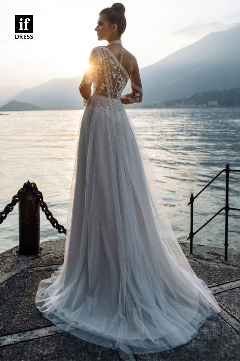 30563 - Illusion Neckline Lace Appliques Long Sleeves Bohemain Wedding Dress