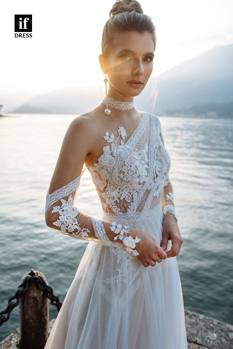 30563 - Illusion Neckline Lace Appliques Long Sleeves Bohemain Wedding Dress