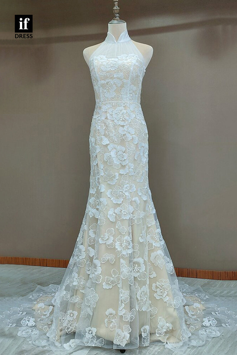 30565 - Unique Halter Illusion Lace Mermaid Wedding Dress