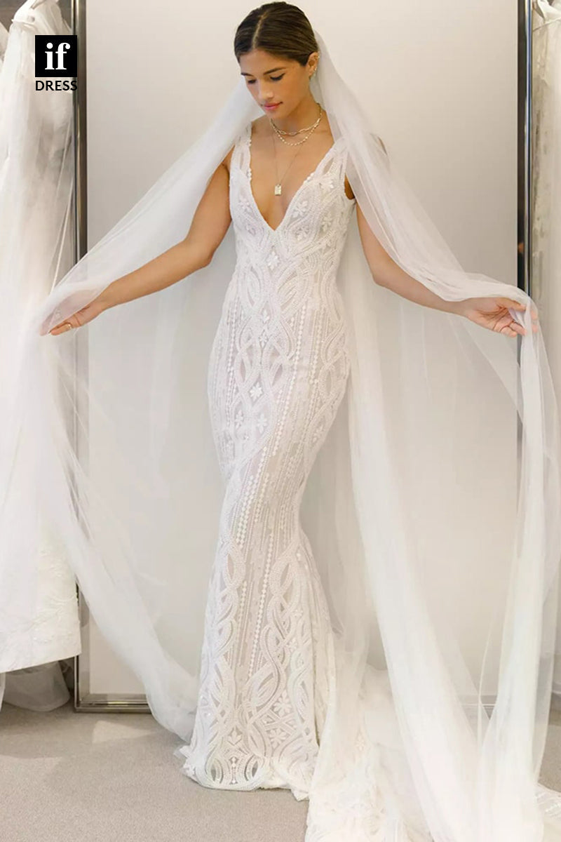 30566 - Sexy V-Neck Illusion Lace Mermaid Wedding Dress