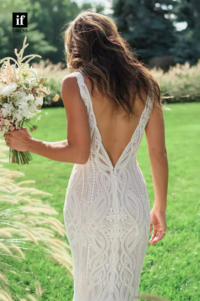 30566 - Sexy V-Neck Illusion Lace Mermaid Wedding Dress