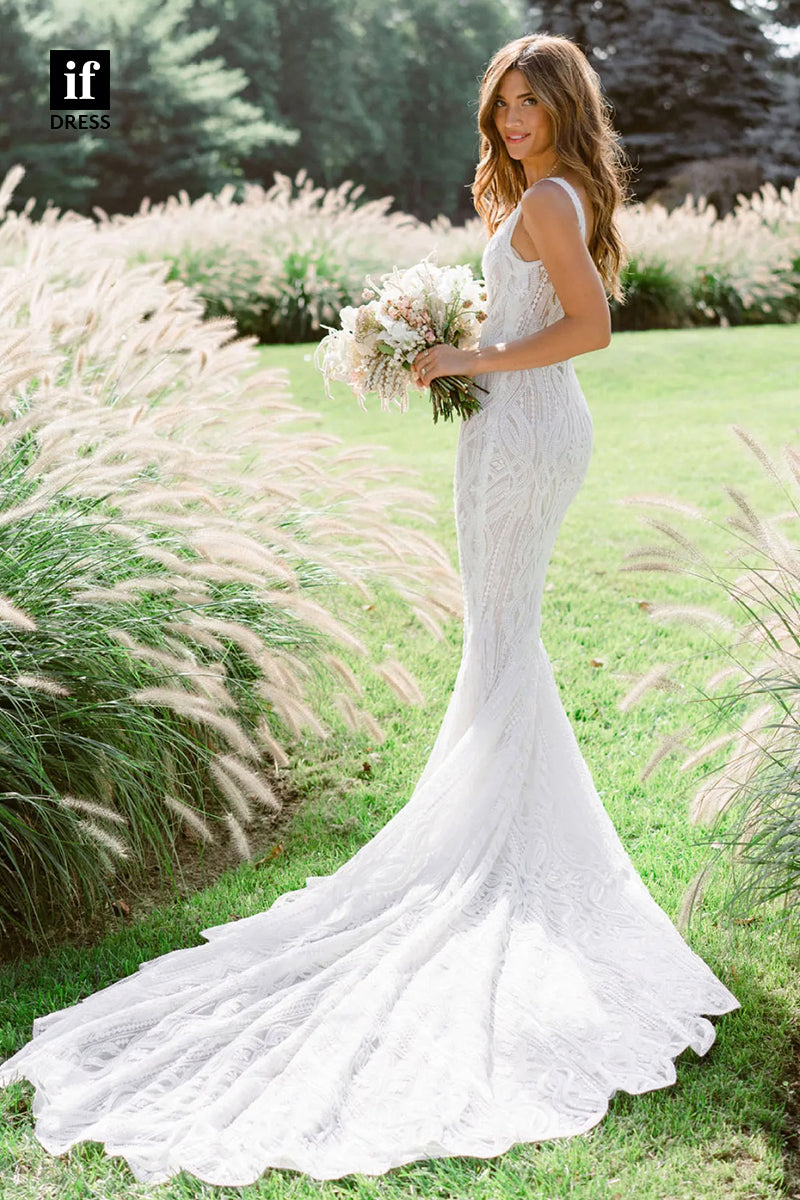 30566 - Sexy V-Neck Illusion Lace Mermaid Wedding Dress