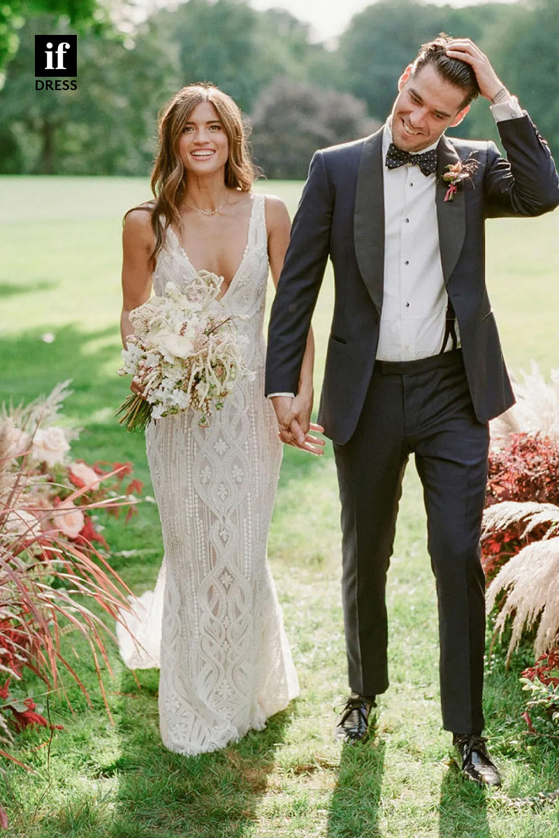 30566 - Sexy V-Neck Illusion Lace Mermaid Wedding Dress