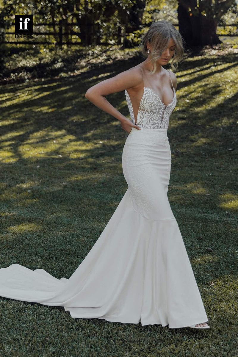 30568 - Illusion V-Neck Lace Appliques Mermaid Bohemian Wedding Dress
