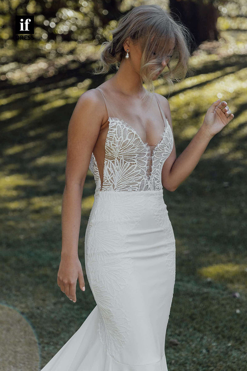 30568 - Illusion V-Neck Lace Appliques Mermaid Bohemian Wedding Dress