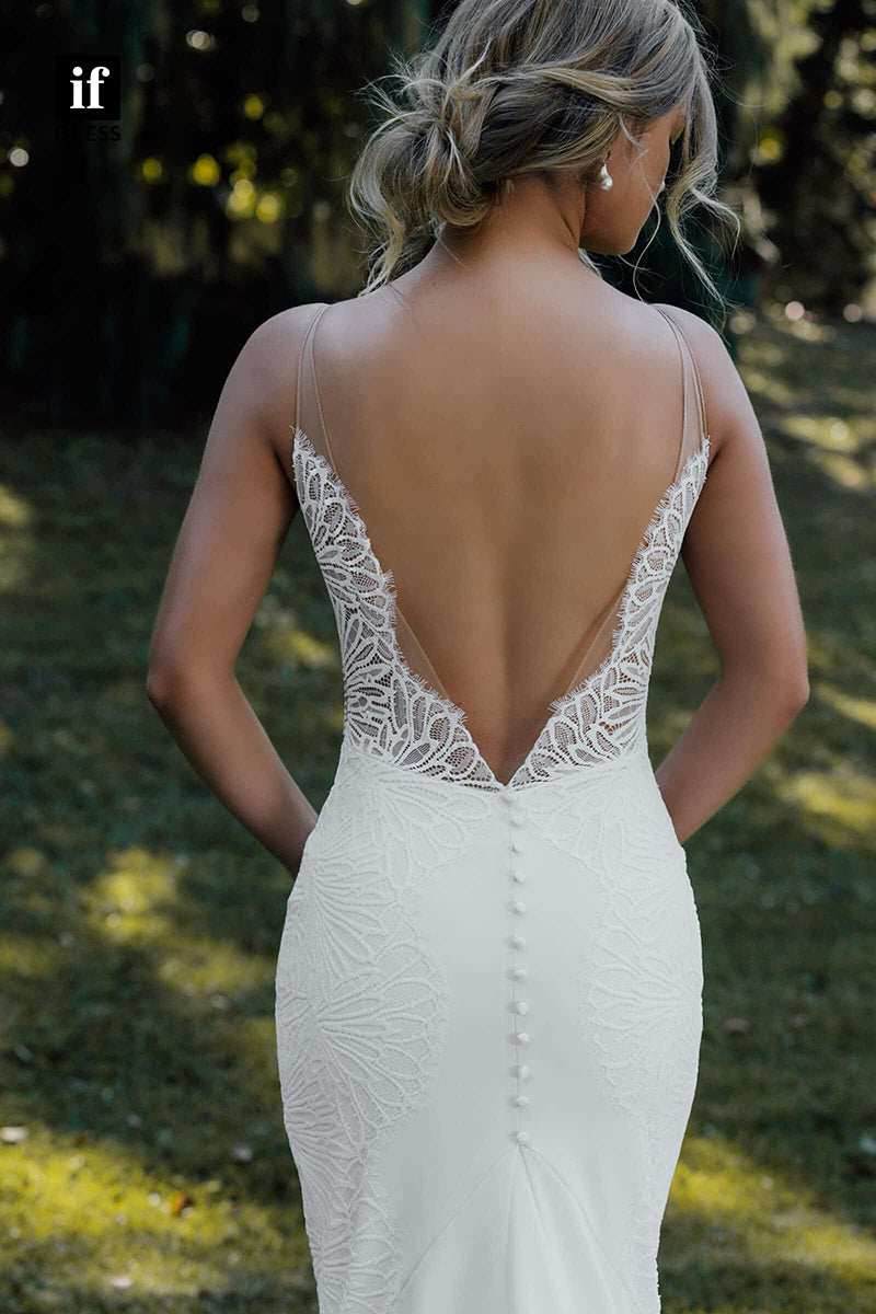 30568 - Illusion V-Neck Lace Appliques Mermaid Bohemian Wedding Dress