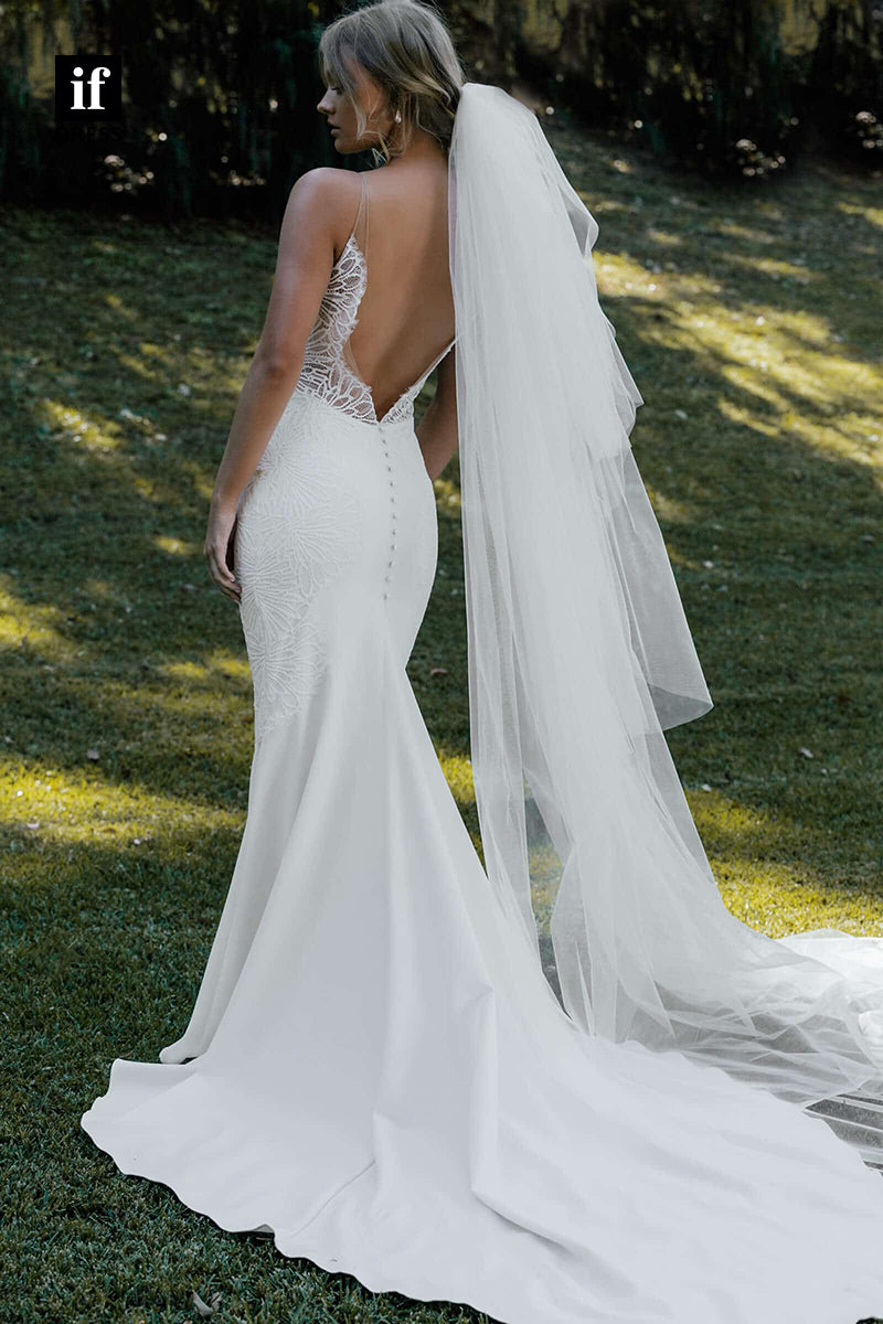 30568 - Illusion V-Neck Lace Appliques Mermaid Bohemian Wedding Dress