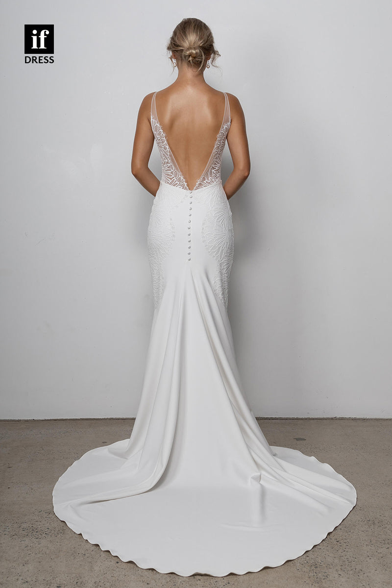 30568 - Illusion V-Neck Lace Appliques Mermaid Bohemian Wedding Dress