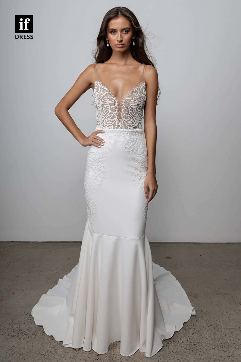 30568 - Illusion V-Neck Lace Appliques Mermaid Bohemian Wedding Dress