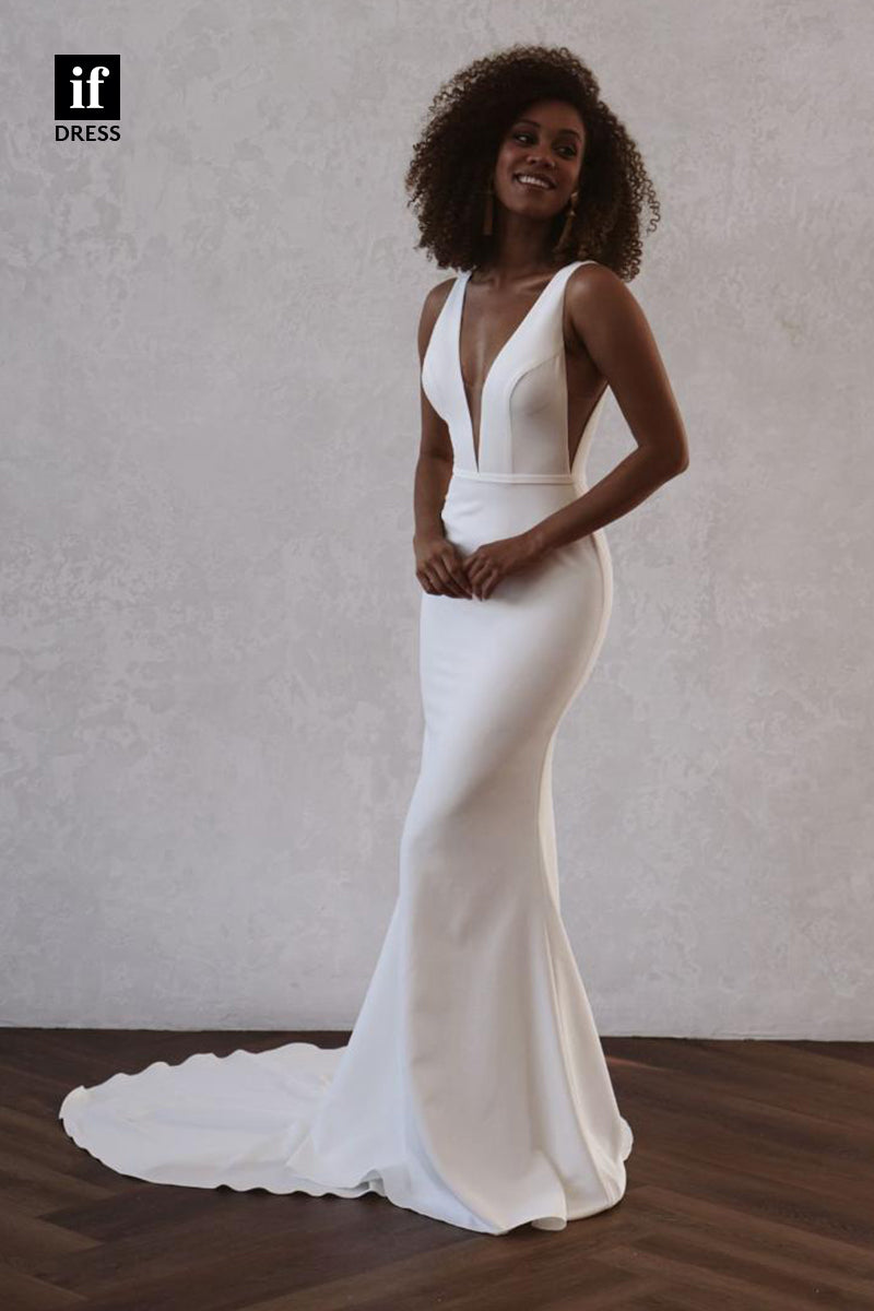 30570 - Plunging V-Neck Elastic Satin Simple Bohemian Wedding Dress
