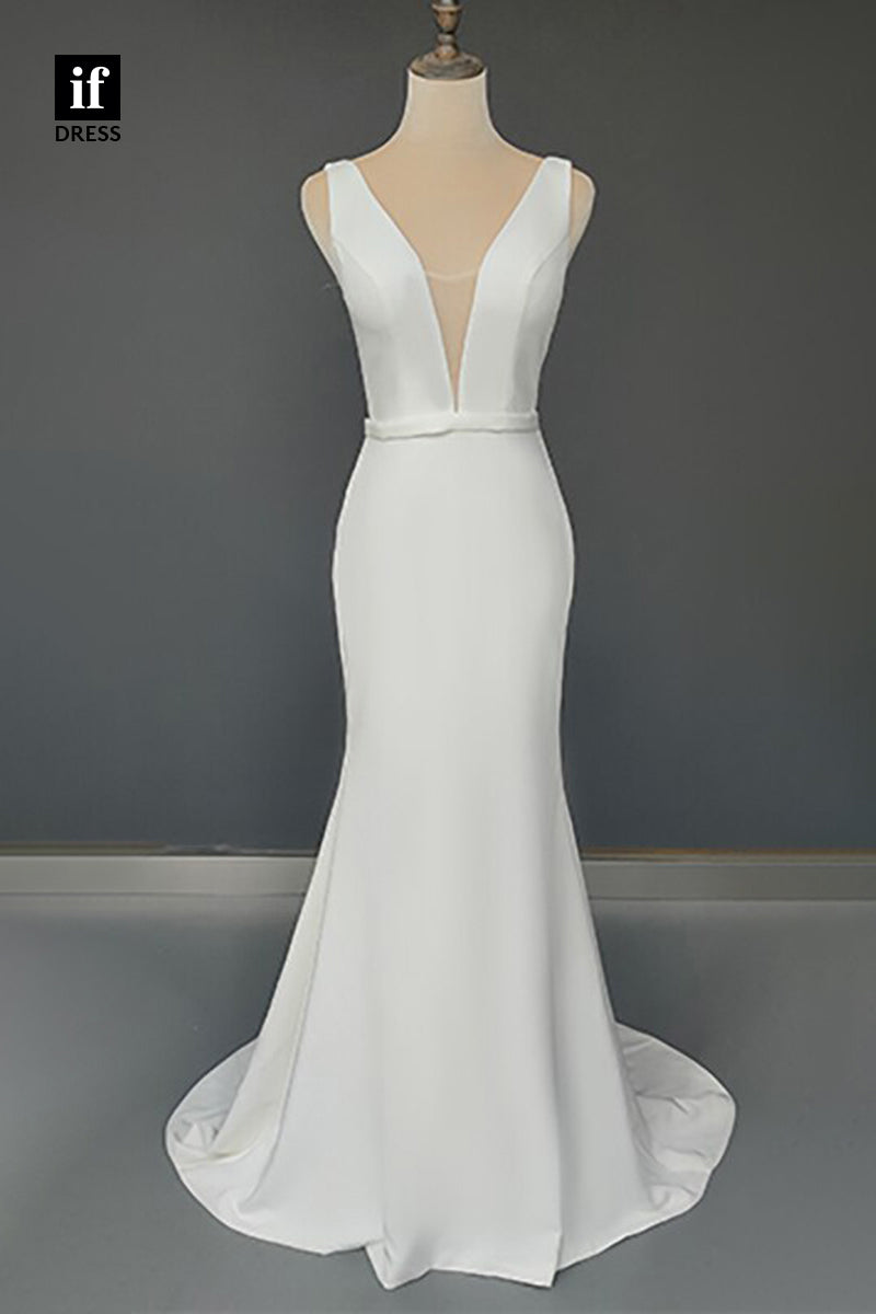 30570 - Plunging V-Neck Elastic Satin Simple Bohemian Wedding Dress