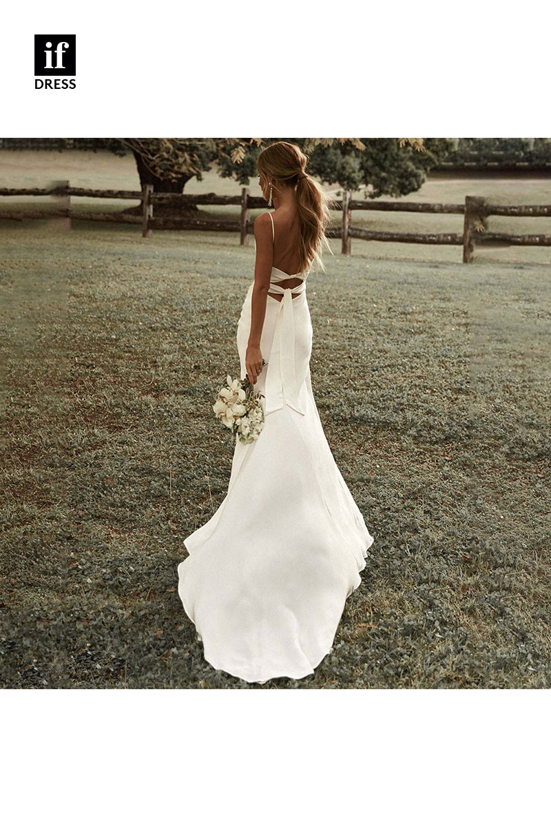30572 - Spaghetti Straps Pleats Side Slit Bohemian Wedding Dress