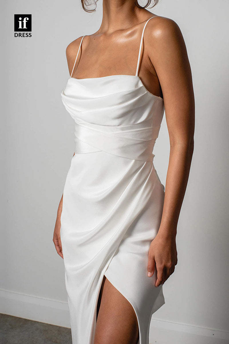 30572 - Spaghetti Straps Pleats Side Slit Bohemian Wedding Dress