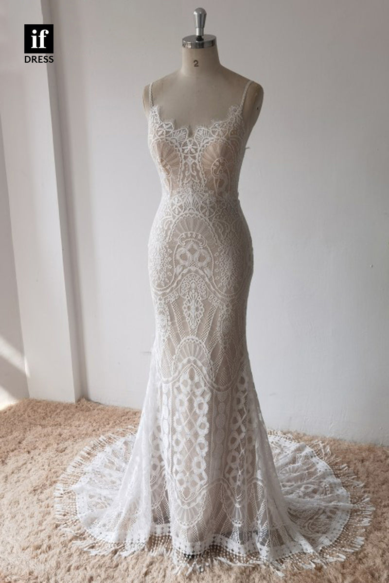 30573 - Spaghetti Straps Illusion Lace Mermaid Wedding Dress Detahcable Sleeves