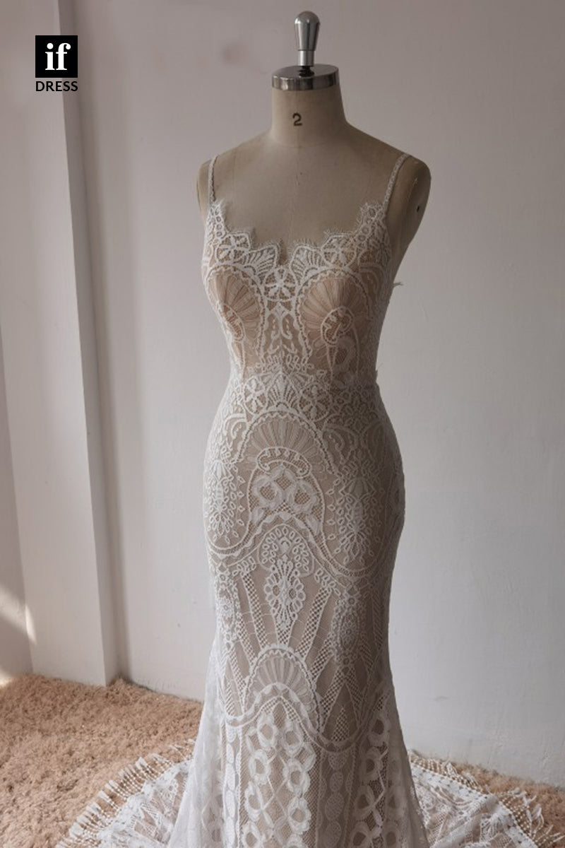 30573 - Spaghetti Straps Illusion Lace Mermaid Wedding Dress Detahcable Sleeves