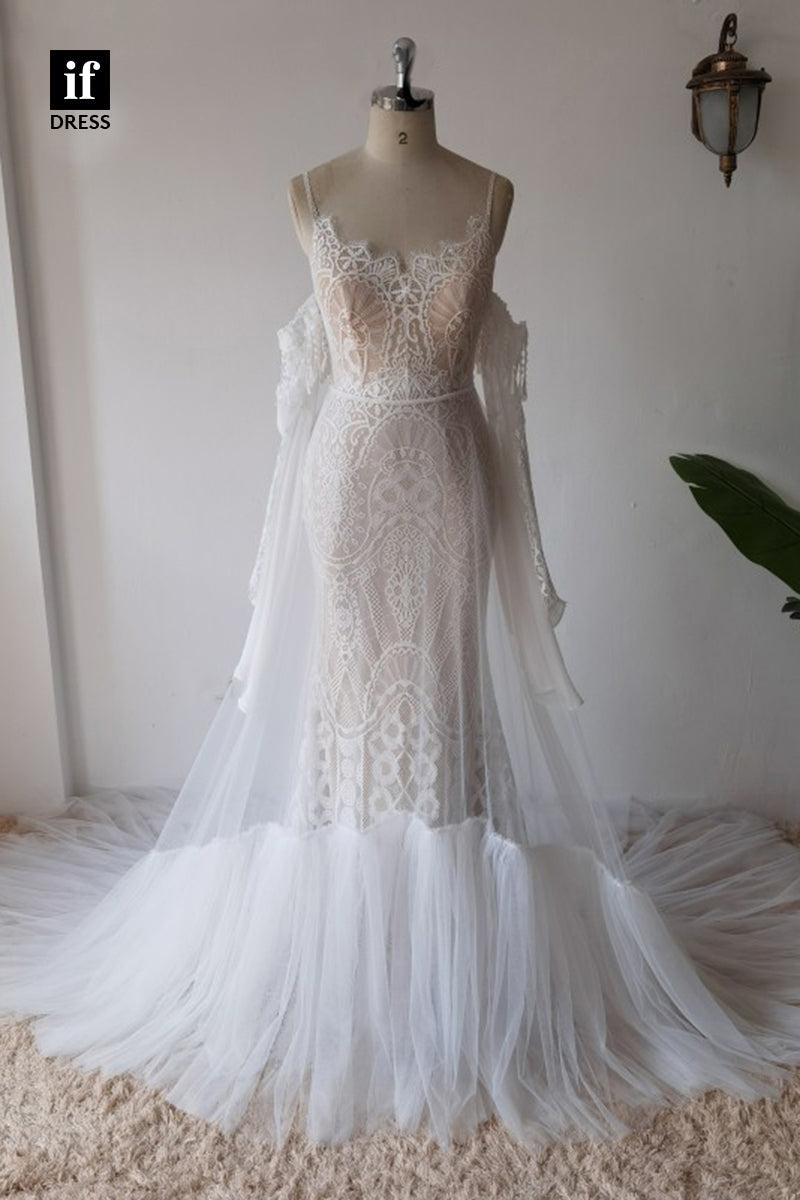30573 - Spaghetti Straps Illusion Lace Mermaid Wedding Dress Detahcable Sleeves