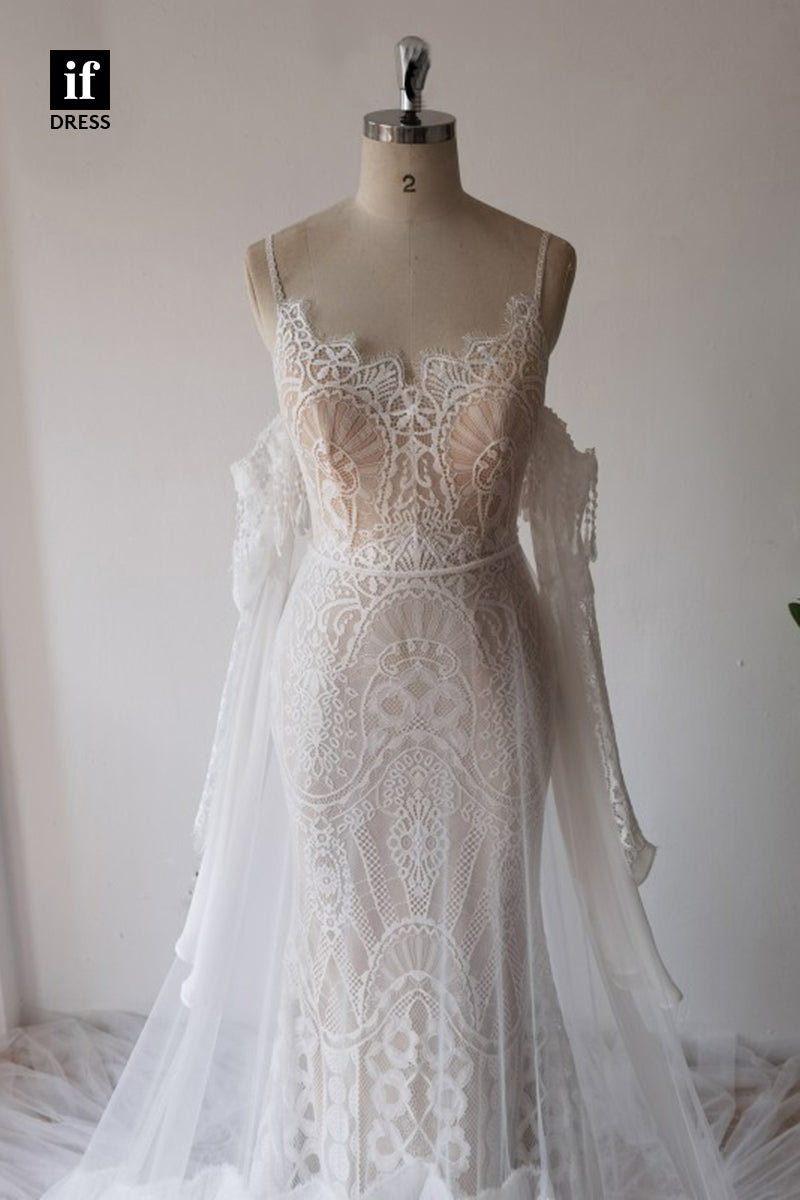 30573 - Spaghetti Straps Illusion Lace Mermaid Wedding Dress Detahcable Sleeves