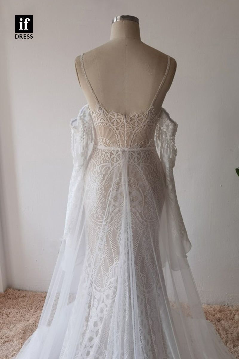 30573 - Spaghetti Straps Illusion Lace Mermaid Wedding Dress Detahcable Sleeves