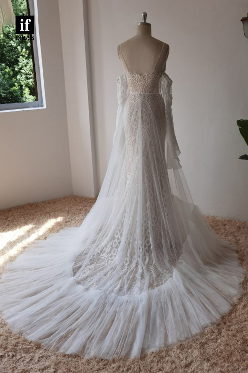 30573 - Spaghetti Straps Illusion Lace Mermaid Wedding Dress Detahcable Sleeves