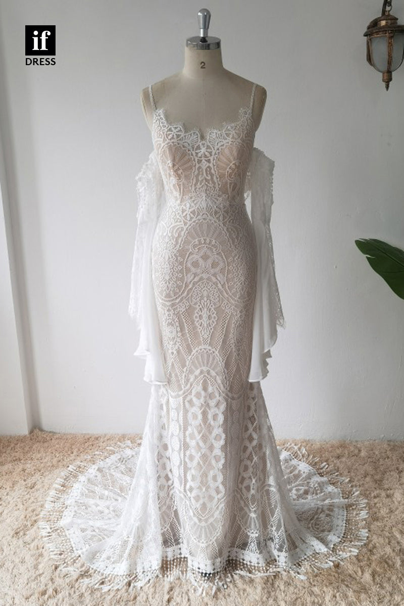 30573 - Spaghetti Straps Illusion Lace Mermaid Wedding Dress Detahcable Sleeves