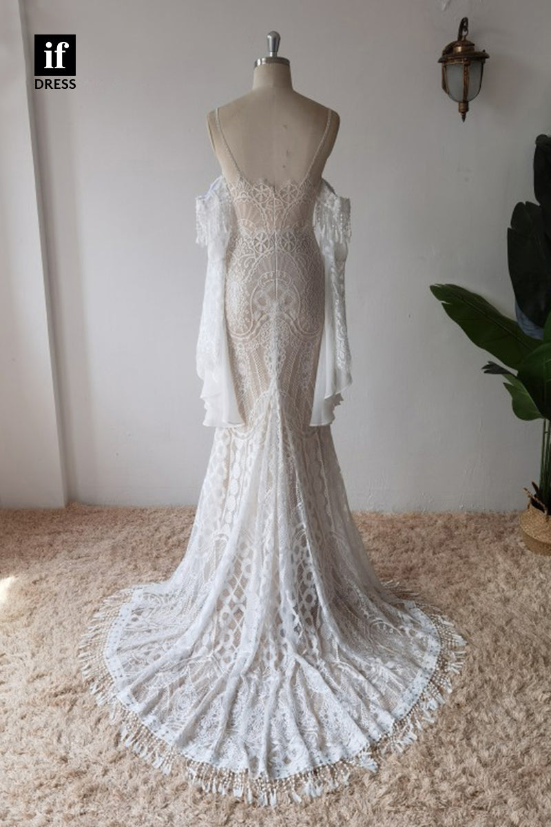 30573 - Spaghetti Straps Illusion Lace Mermaid Wedding Dress Detahcable Sleeves