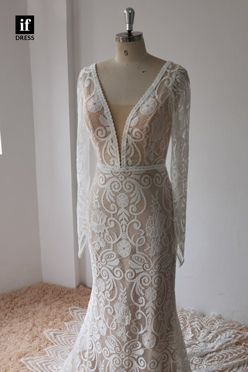 30574 - Plunging V-Neck Illusion Lace Wedding Dress with Sleeves
