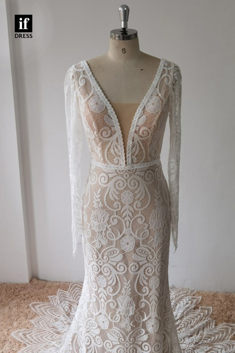 30574 - Plunging V-Neck Illusion Lace Wedding Dress with Sleeves