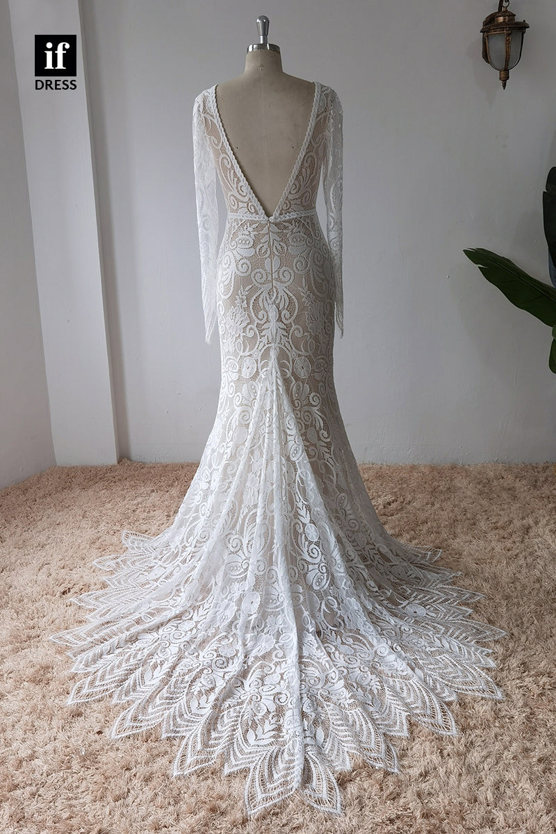 30574 - Plunging V-Neck Illusion Lace Wedding Dress with Sleeves