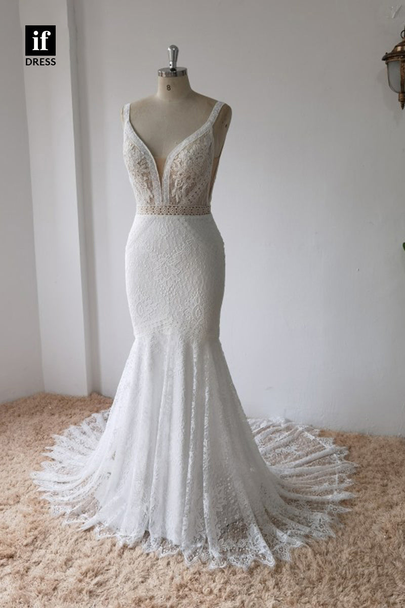 30577 - Plunging V-Neck Lace Mermaid Wedding Gown