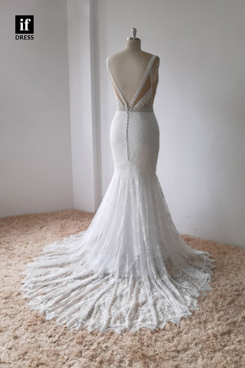30577 - Plunging V-Neck Lace Mermaid Wedding Gown
