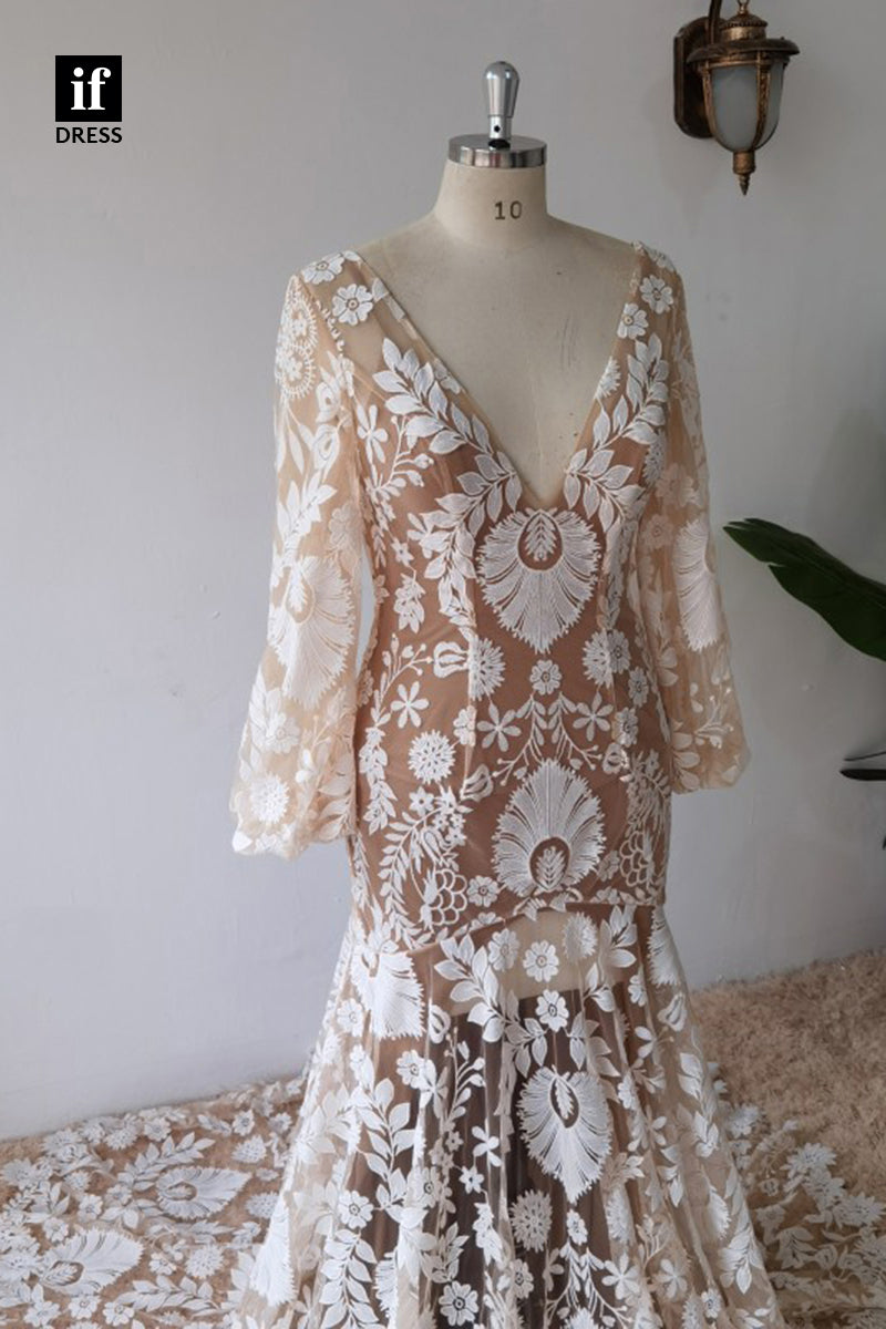 30580 - Illusion V-Neck Long Sleeves Mermaid Bohemian Wedding Dress