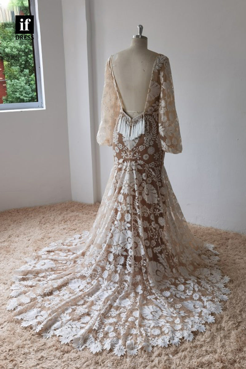 30580 - Illusion V-Neck Long Sleeves Mermaid Bohemian Wedding Dress