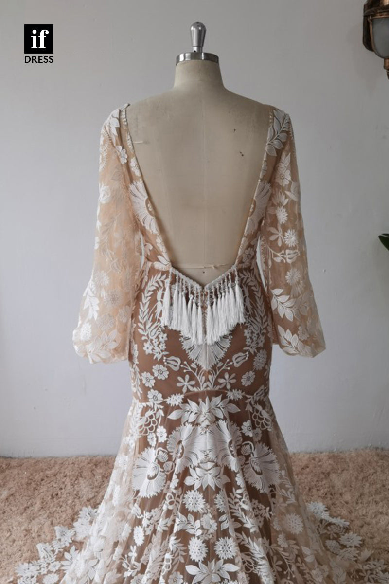 30580 - Illusion V-Neck Long Sleeves Mermaid Bohemian Wedding Dress