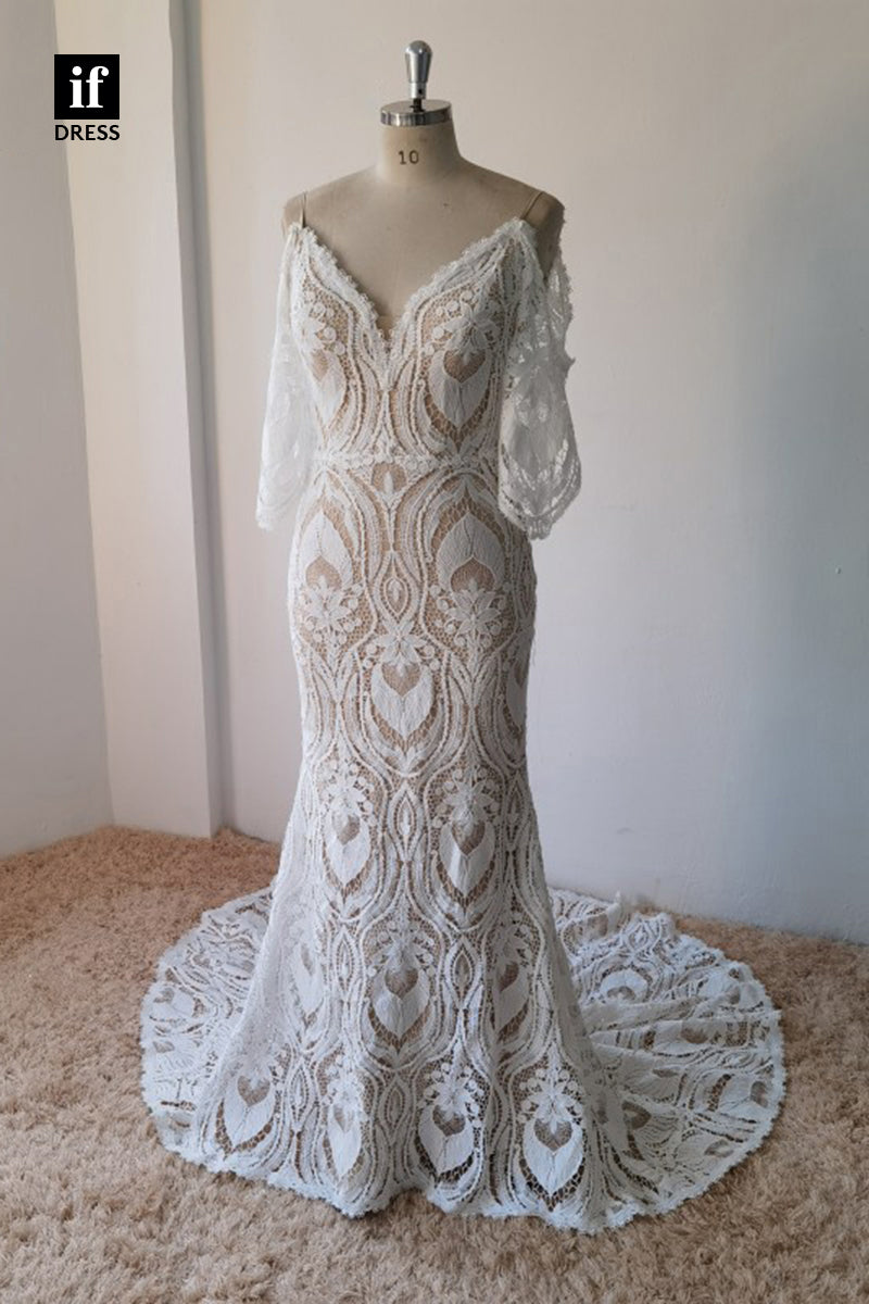 30581 - Illusion V-Neck Long Sleeves Lace Wedding Dress Bohemian Wedding Gown