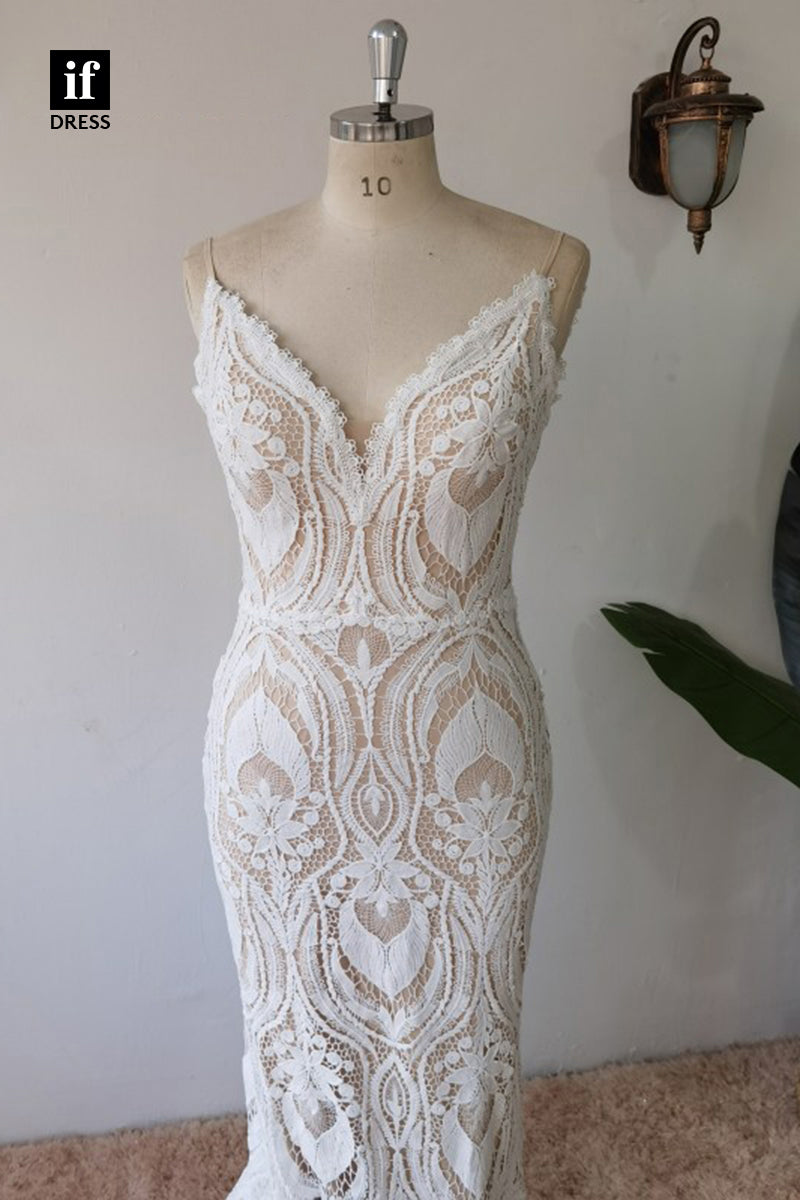30581 - Illusion V-Neck Long Sleeves Lace Wedding Dress Bohemian Wedding Gown