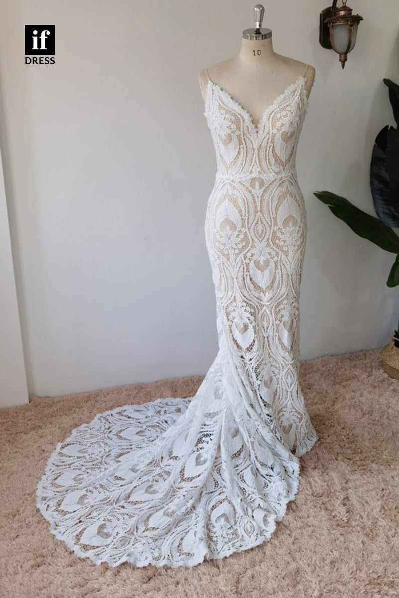30581 - Illusion V-Neck Long Sleeves Lace Wedding Dress Bohemian Wedding Gown