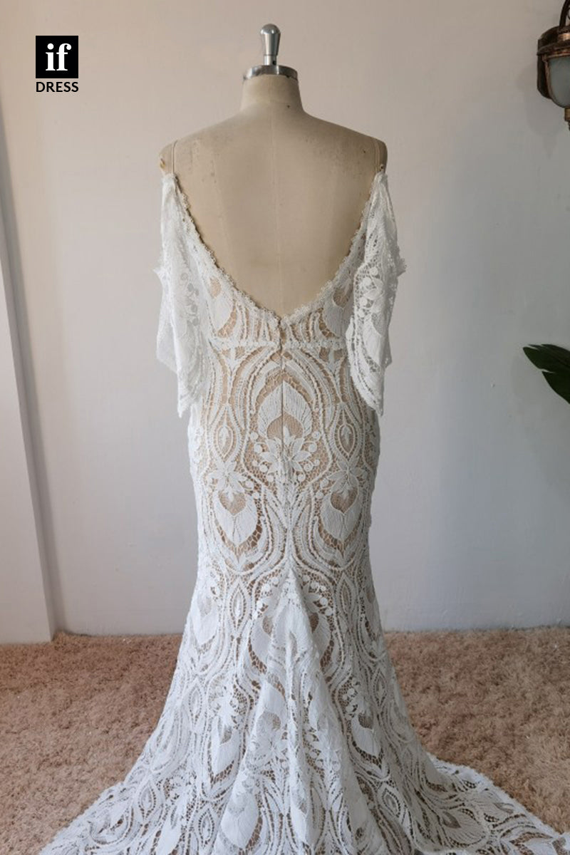 30581 - Illusion V-Neck Long Sleeves Lace Wedding Dress Bohemian Wedding Gown