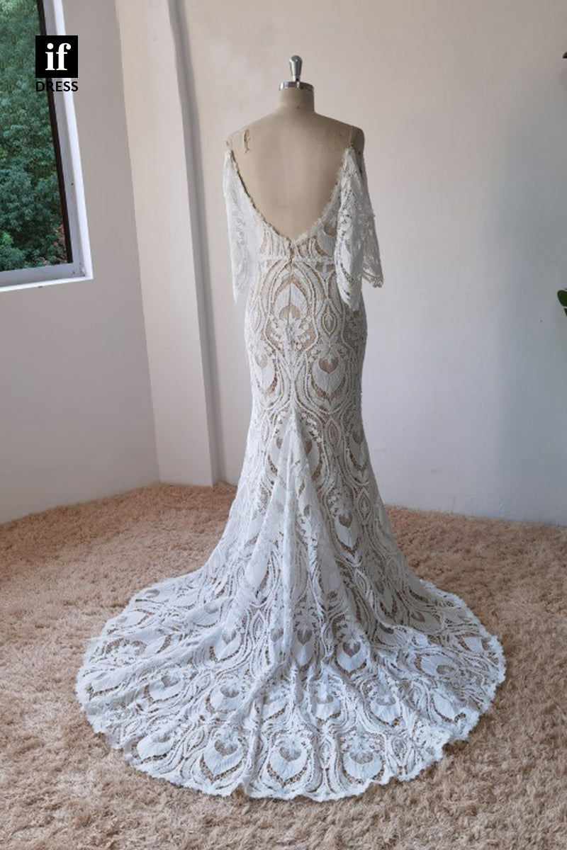 30581 - Illusion V-Neck Long Sleeves Lace Wedding Dress Bohemian Wedding Gown