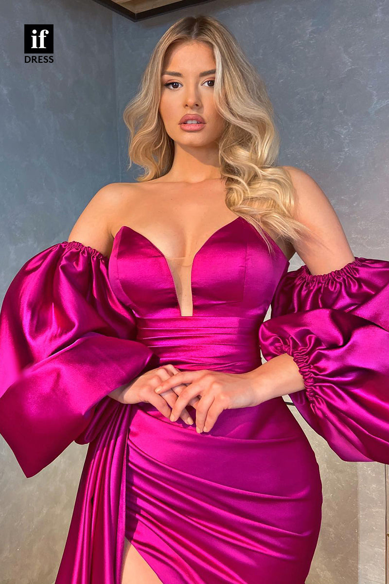 31853 - Sexy V-Neck Pleats High Split Long Prom Dress with Slit