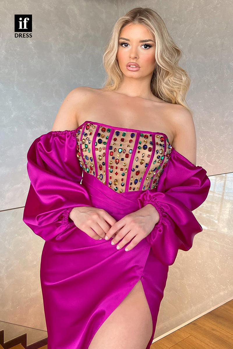 31860 - Stralpess Beads Long Sleeves Formal Evening Dress with Slit