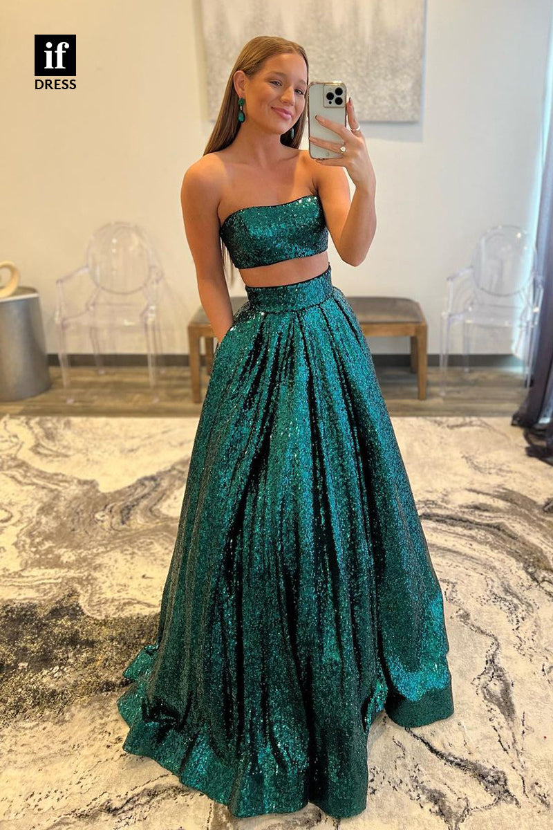 30826 - Strapless Green Sequins Two-Piece Prom Dress with Pockets|IFDRESS