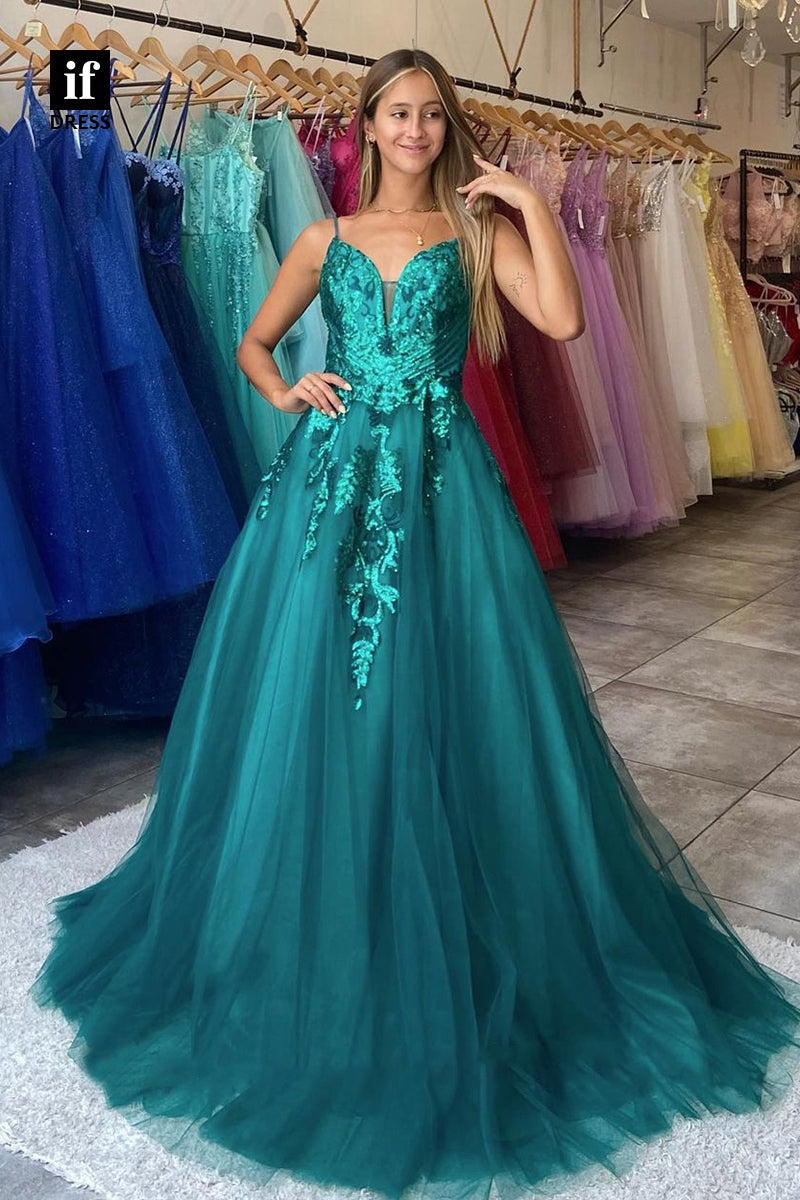 30831 - Women's Spaghetti Straps Lace Appliques Long Prom Dress