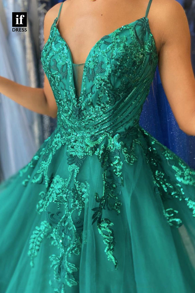 30831 - Women's Spaghetti Straps Lace Appliques Long Prom Dress