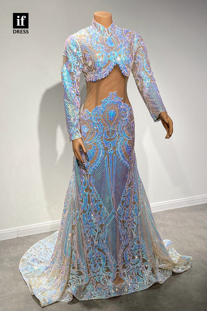 30940 - Chic High Neckline Sequins Appliques Long Sleeves Prom Dress Black Girls Slay