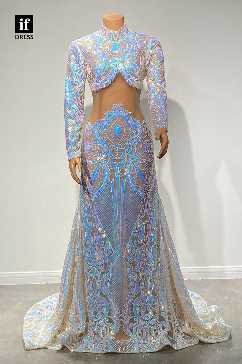 30940 - Chic High Neckline Sequins Appliques Long Sleeves Prom Dress Black Girls Slay