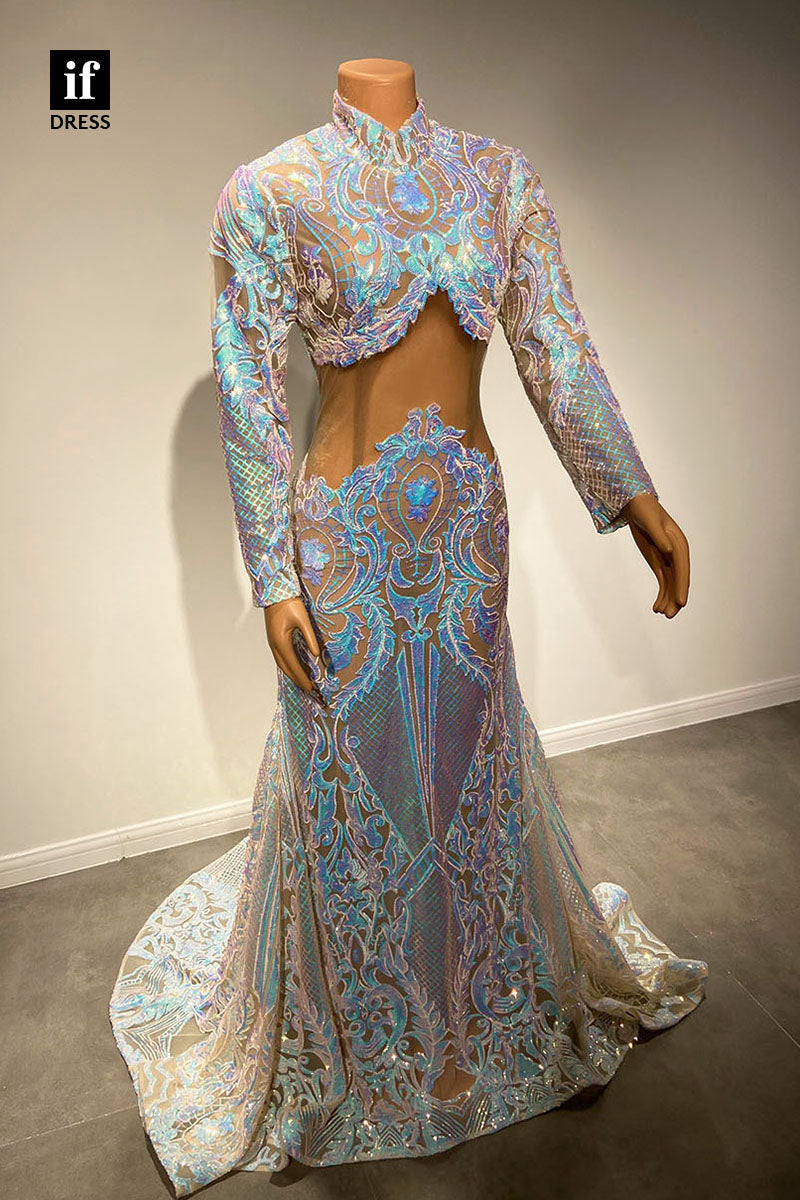 30940 - Chic High Neckline Sequins Appliques Long Sleeves Prom Dress Black Girls Slay