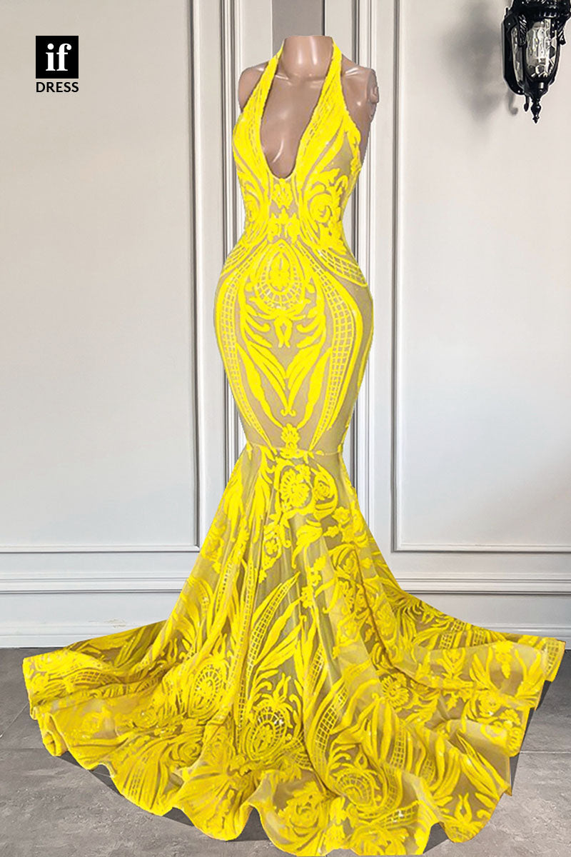 30946 - Unique Halter Sequins Appliques Mermaid Prom Dress Black Girl Slay