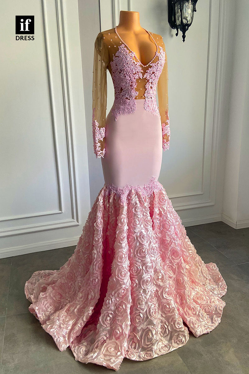 30947 - Sexy V-Neck Long Sleeves Pink Mermaid Prom Dress Black Girls Slay