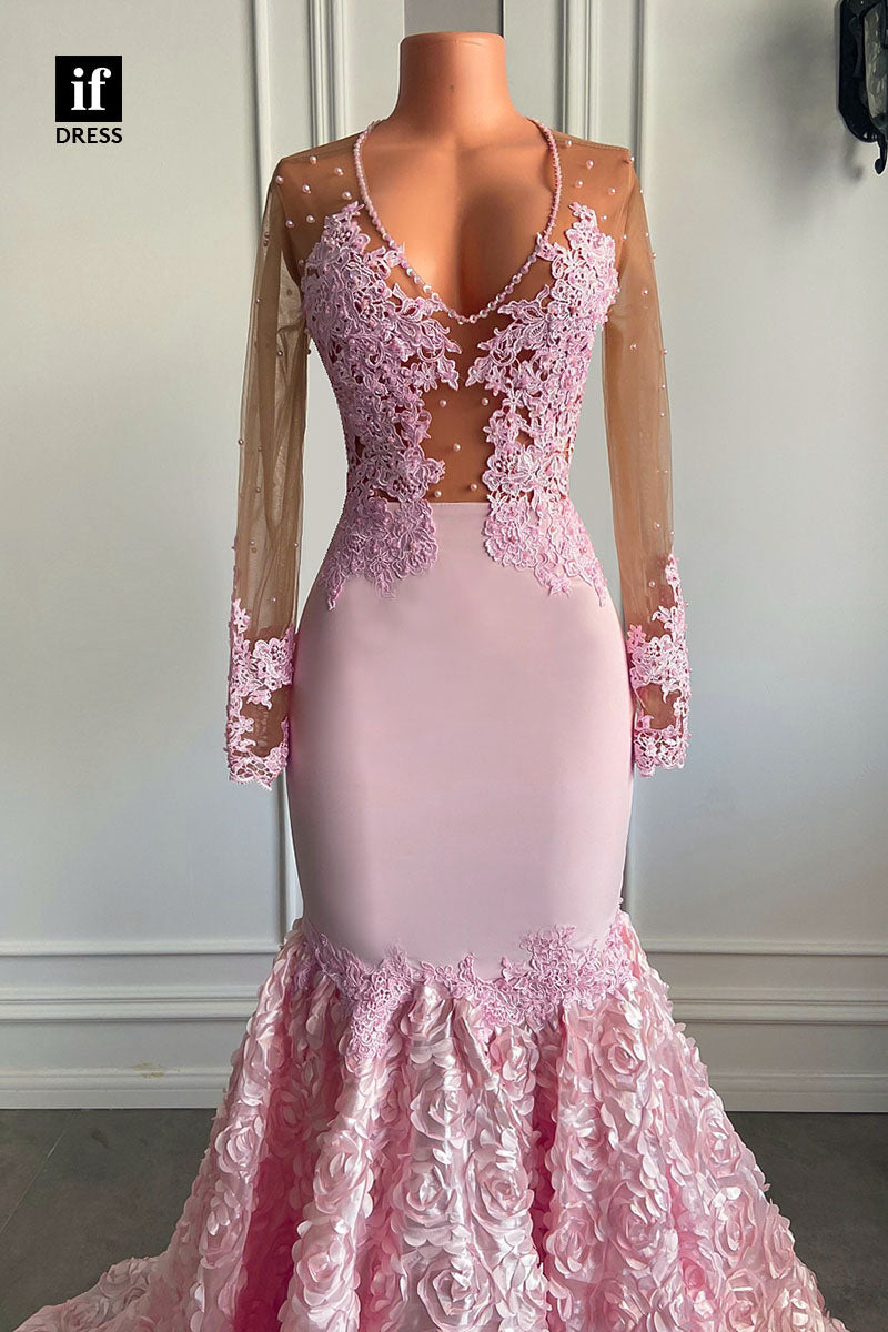 30947 - Sexy V-Neck Long Sleeves Pink Mermaid Prom Dress Black Girls Slay