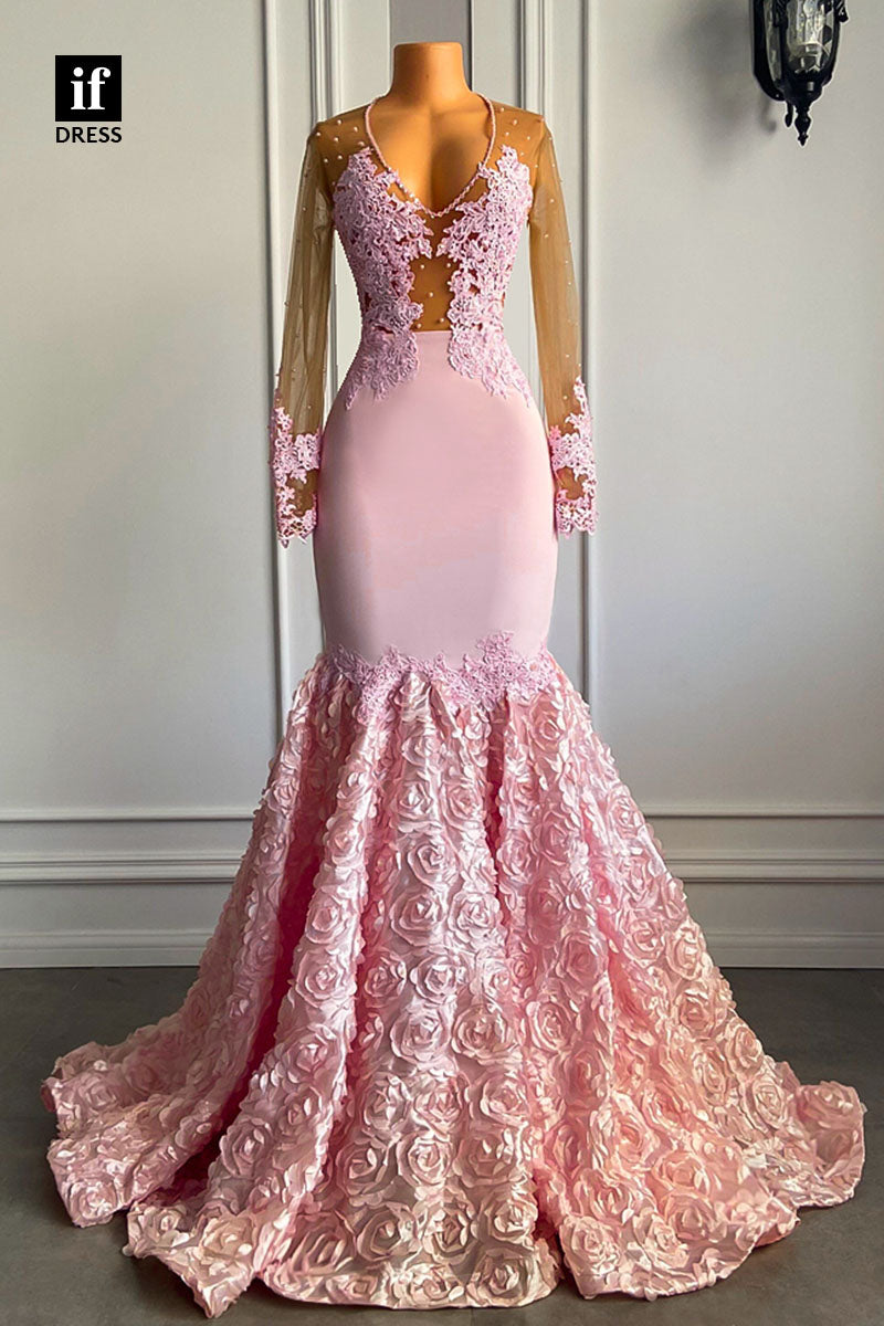 30947 - Sexy V-Neck Long Sleeves Pink Mermaid Prom Dress Black Girls Slay